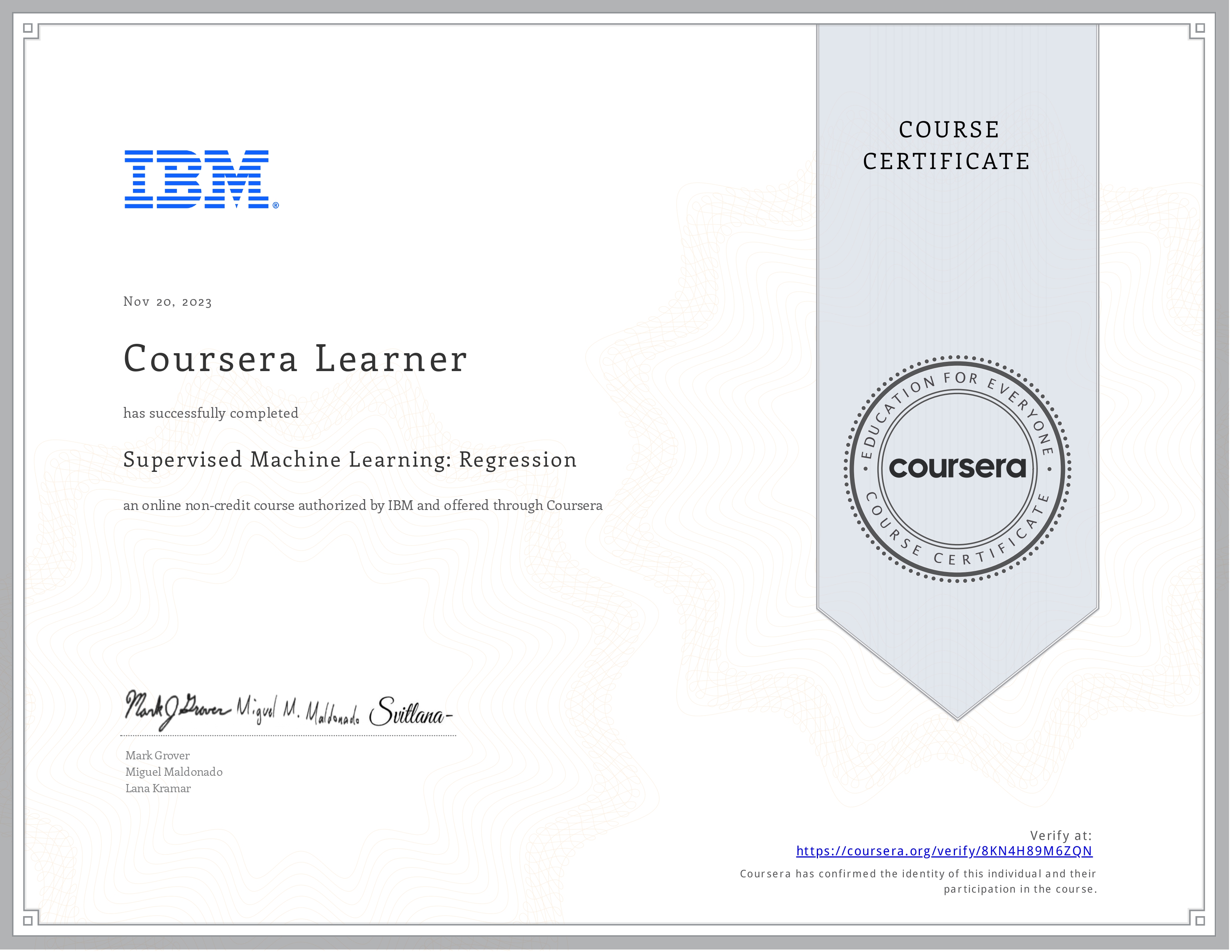 IBM ML Specialization Certificate