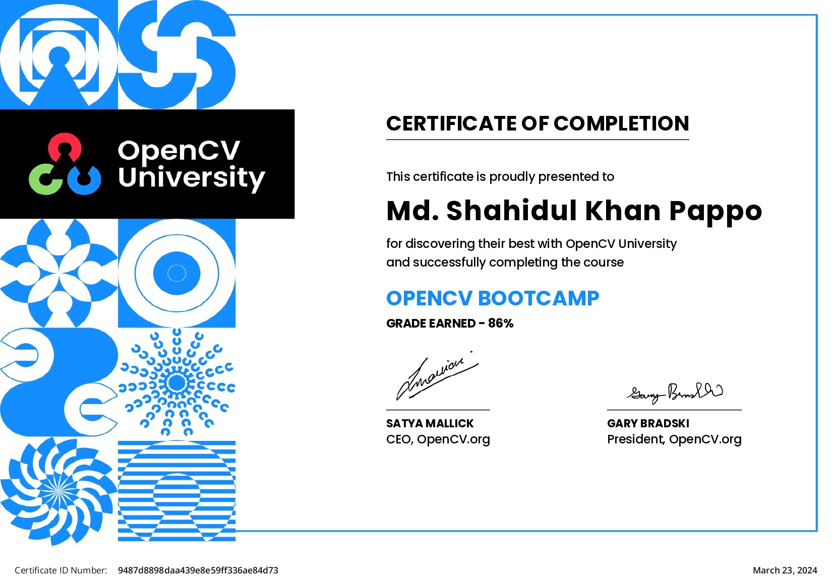 Computer Vision with OpenCV Certificate